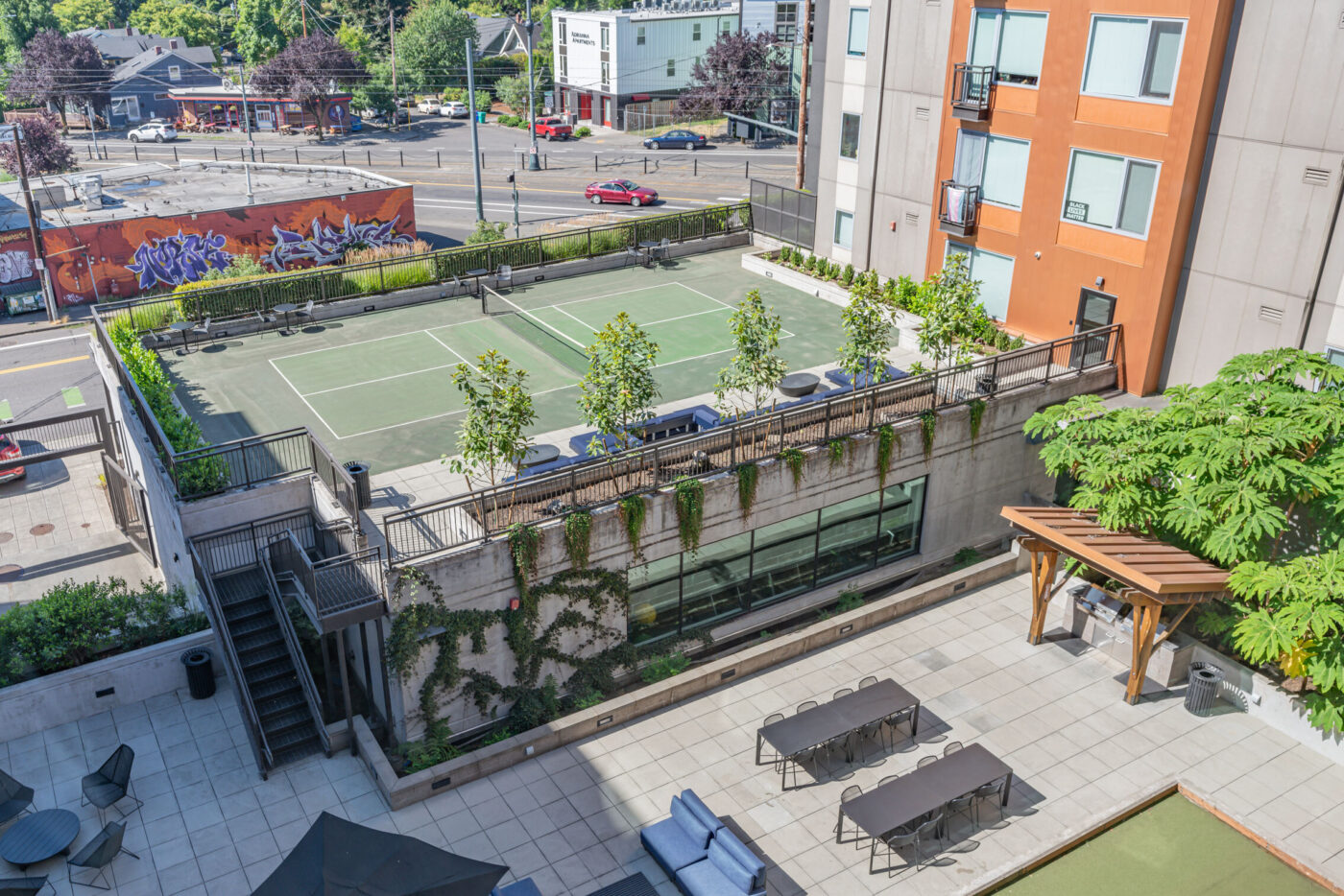 Prescott North Portland Apartments Aerial view with Pickleball Court and Courtyard Oregon